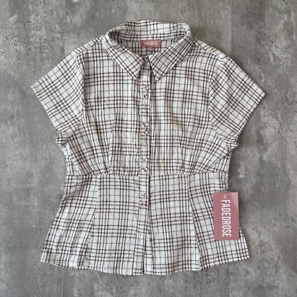 Faded Rose Shirt Womens L Brown Plaid Button Up Fitted Blouse Y2K Preppy NWT